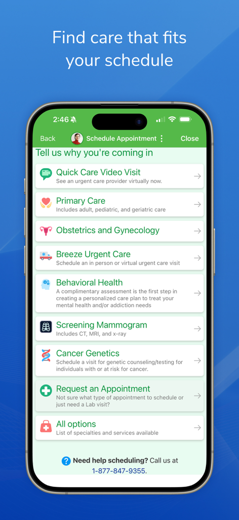 A mobile app screen for Texas Health MyChart showing various appointment scheduling options like primary care, urgent care, and behavioral health.