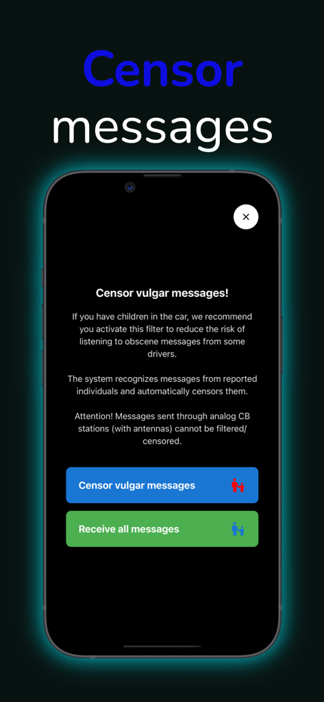 Screenshot of the Drivers Chat app interface showing a prompt to censor vulgar messages with options for filtering obscene content for family safety.