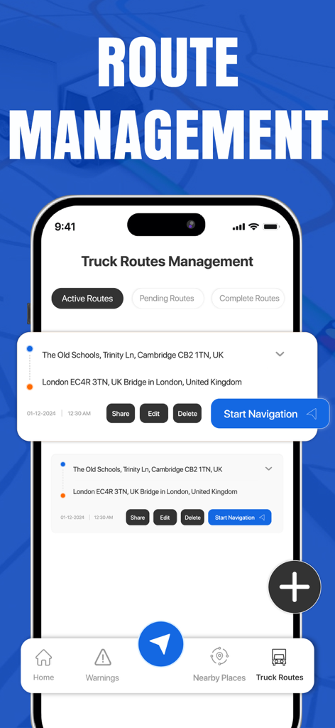 Truck Maps app interface showing truck route management with navigation options