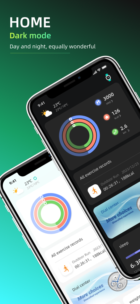 OnWear Pro - Écran d'accueil de l'application OnWear Pro affichant des anneaux d'activité santé et des données d'exercice en mode clair et sombre