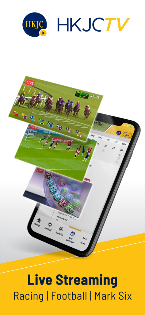 Smartphone displaying the HKJC TV app with live video feeds of horse racing, football, and the Mark Six lottery.