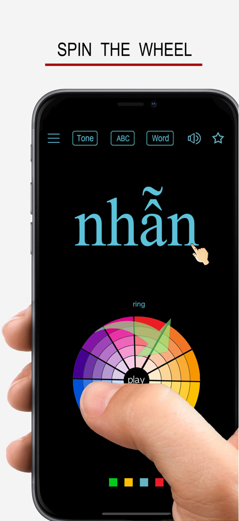 ベトナム語のアルファベットと単語のモバイルアプリのインターフェース。語彙学習用のカラフルなインタラクティブルーレットが表示されています。