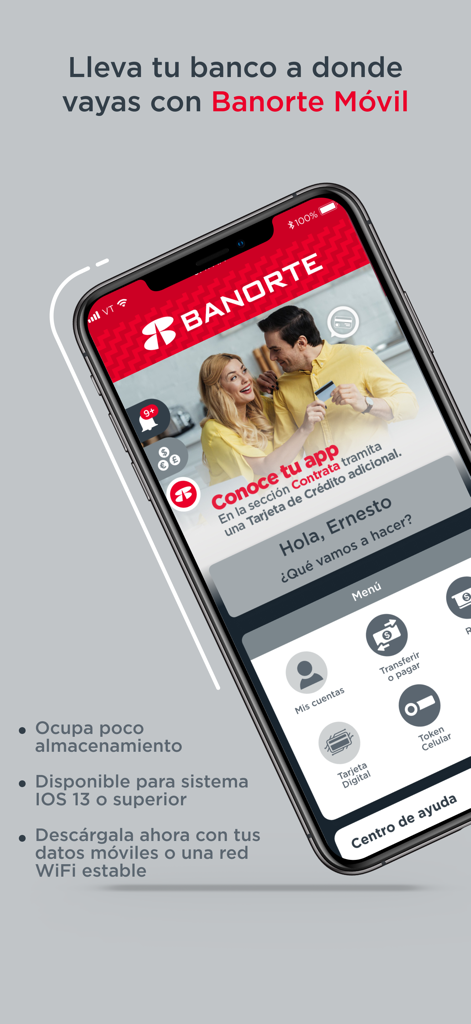 Interfaz de la aplicación de banca móvil Banorte Móvil en un iPhone mostrando el panel principal con opciones de menú en español