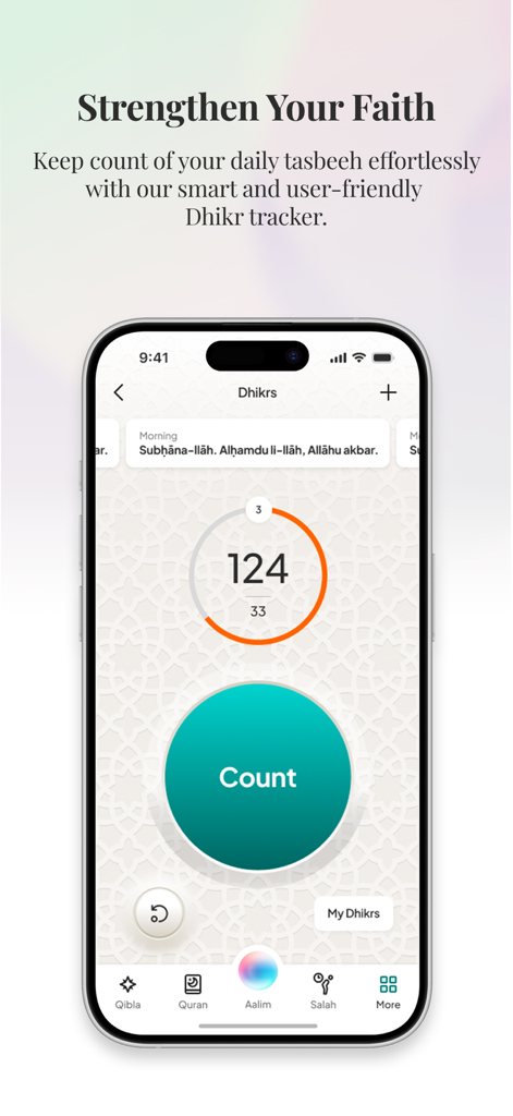 AI Muslim Assistant - Aalim - Digital dhikr counter and tasbeeh tracker interface in the Aalim AI Muslim Assistant app
