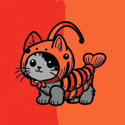 a kitten wearing a ￼shrimp costume