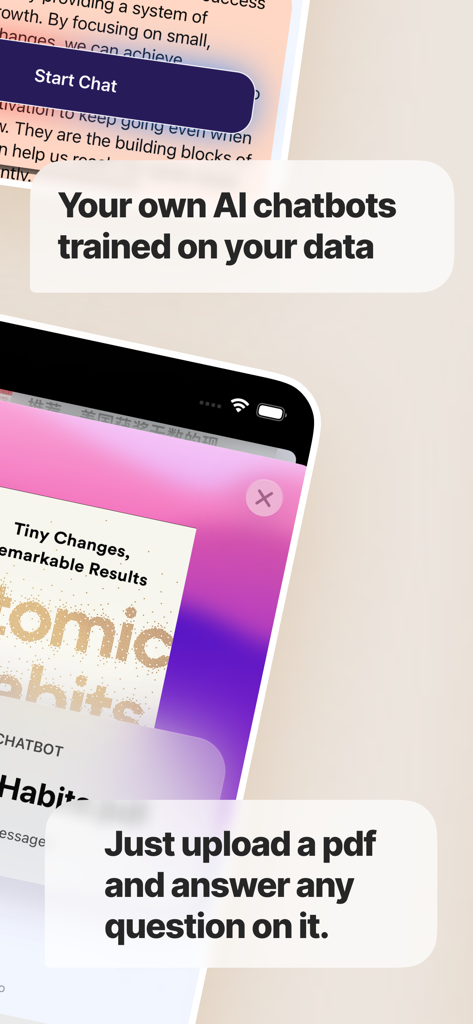 ChatPDF - AI Chat with any PDF - ChatPDFアプリのモバイル画面。ドキュメントのアップロードや、パーソナライズされたPDFデータでトレーニングされたAIチャットボットとの対話機能を示しています。