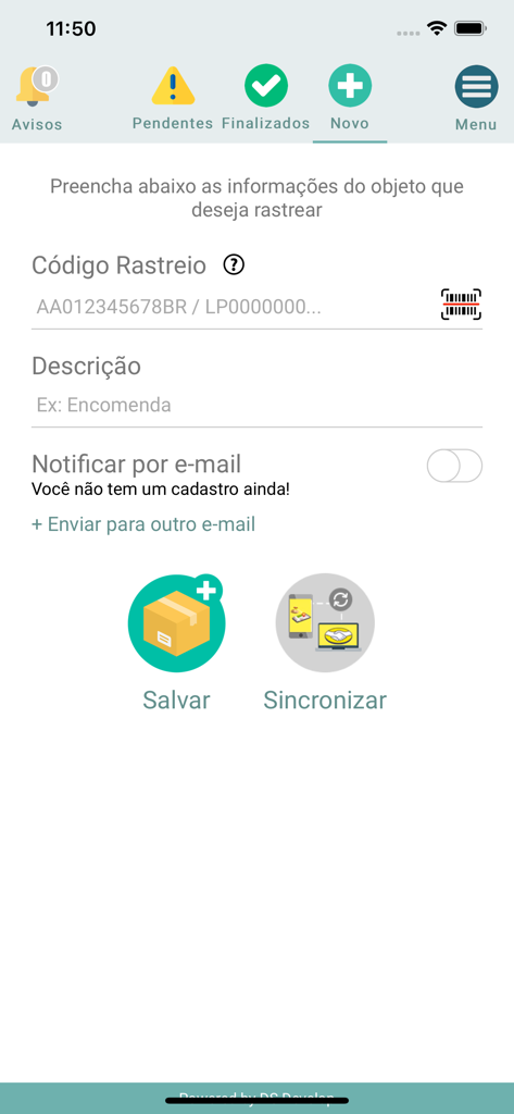 Rastreio Fácil - New package tracking entry screen in the Rastreio Facil app showing fields for code and description
