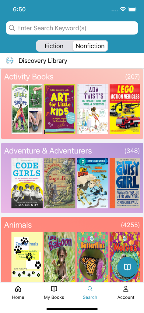 CloudLibrary app discovery screen showing activity and adventure book categories