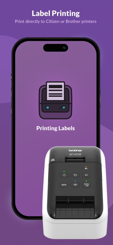 Mobile app screen showing label printing feature next to a Brother label printer for church check-in