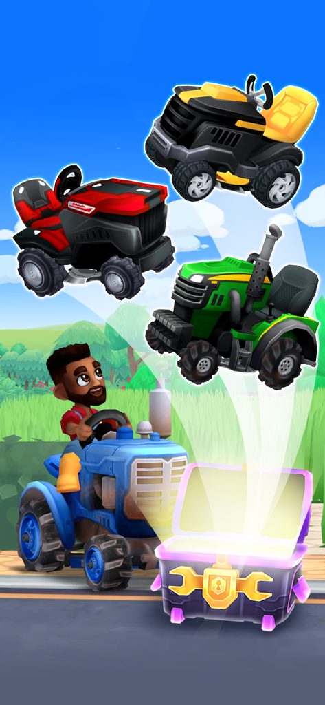 It's Literally Just Mowing - 青いトラクターに乗ったキャラクターが、光る宝箱から様々なカラフルな芝刈り機デザインをアンロックしている。