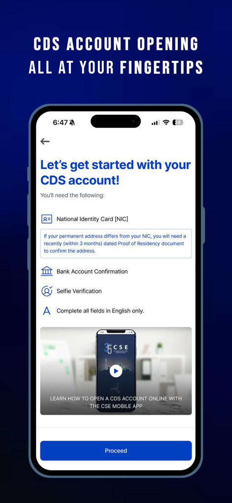 CSE Mobile App - Digital CDS account opening screen in the CSE Mobile App showing registration requirements for Colombo Stock Exchange investors.