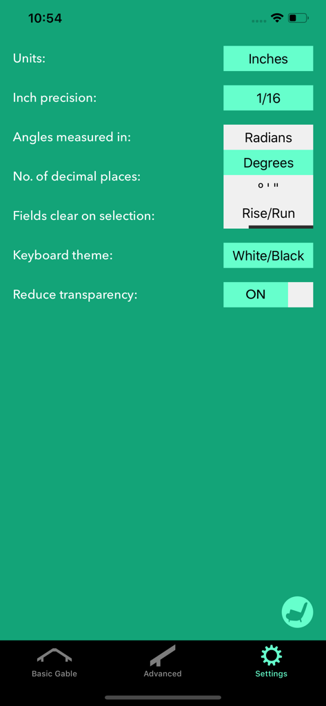 Rafter Help - Settings menu of the Rafter Help app showing options for units precision and angle measurements
