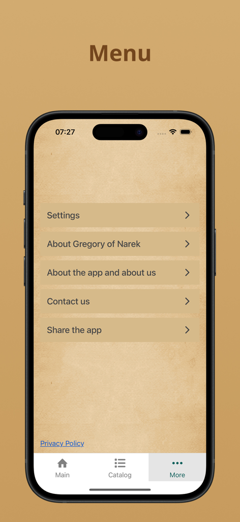 Menu screen of the Matyan Voxbergutyan Narekatsi app showing options for settings and information about Saint Gregory of Narek