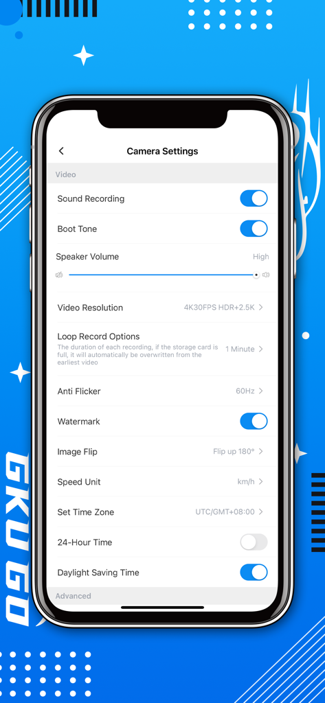 GKU GO - Pantalla de configuración de la cámara en la aplicación GKU GO mostrando opciones de configuración de la dash cam como resolución de vídeo y grabación de sonido.