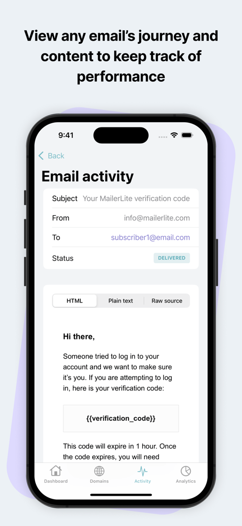 MailerSend - Écran de l'application MailerSend affichant l'activité des e-mails transactionnels et les détails de livraison.