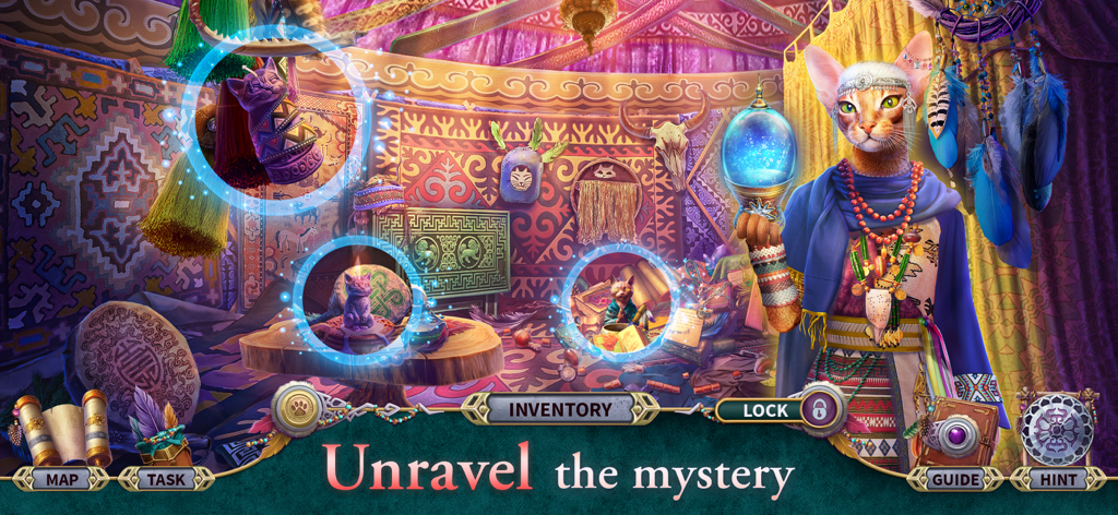 Knight Cats 3: Solve Mystery - An anthropomorphic cat shaman holding a glowing orb in a colorful hidden object puzzle scene