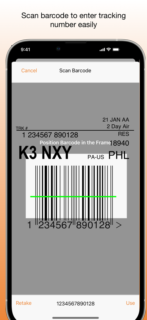 My Package Pro - Mobile app interface showing the barcode scanner feature for quick tracking number entry