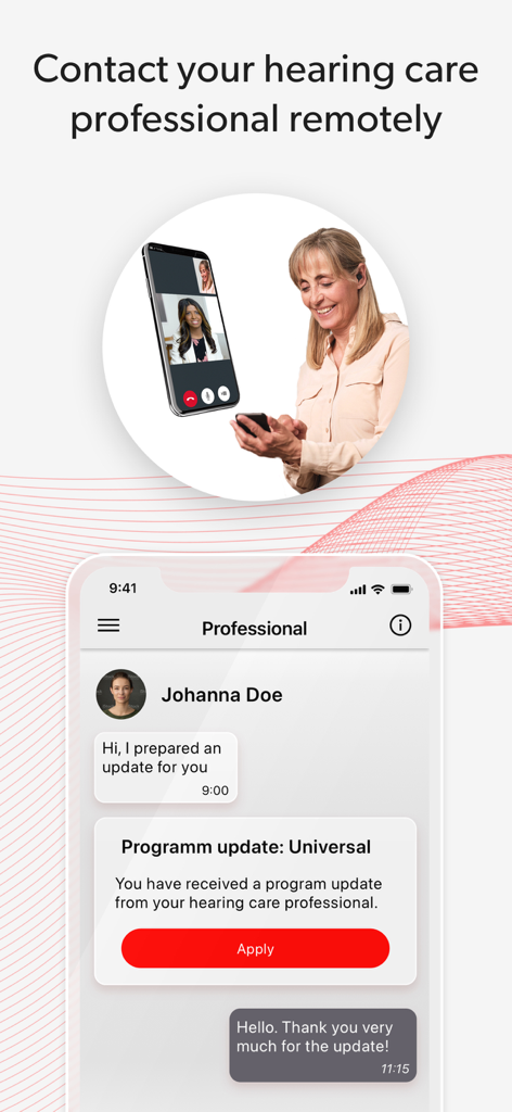 Signia app interface showing a remote consultation with a hearing care professional and a program update notification
