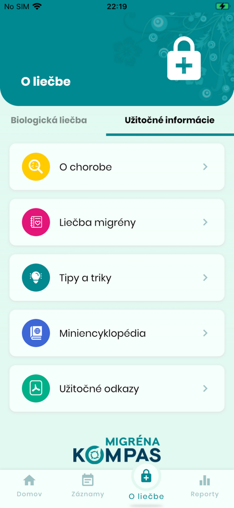 Migréna Kompas (SK) - Screenshot of the Migréna Kompas mobile app showing the treatment information section with links to disease details, tips, and an encyclopedia.