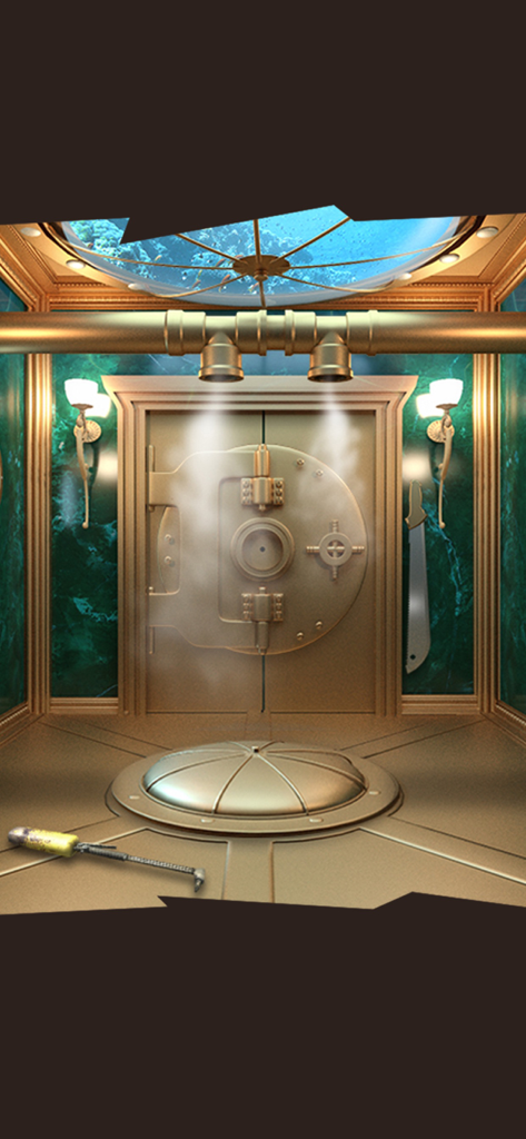 100 Doors Challenge - A golden vault door in a luxury room with green marble walls and an underwater view from the ceiling