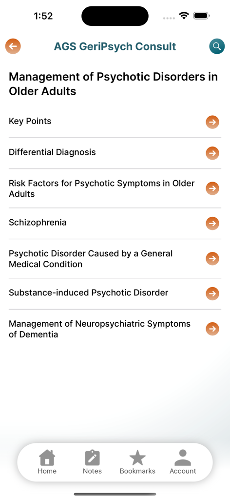 iGeriatrics - Clinical menu for geriatric psychiatry consult on psychotic disorders in the iGeriatrics mobile app