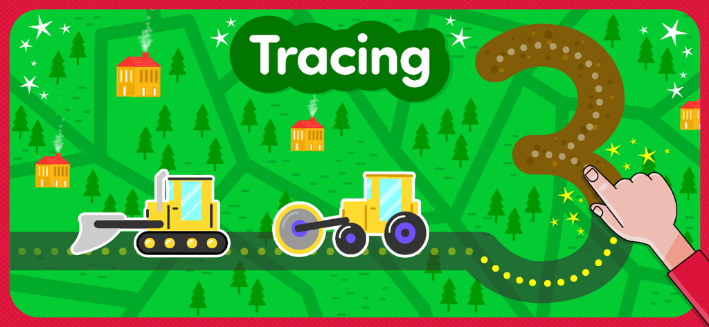A child tracing the number three in a construction themed educational game for toddlers