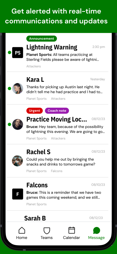 Messaging-Oberfläche der LeagueApps Play App, die Echtzeit-Team-Updates und dringende Sicherheitswarnungen anzeigt.