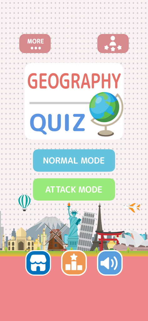 Geography Quiz - Game - Geography Quiz game home screen with buttons for Normal Mode and Attack Mode featuring a globe icon and world landmarks.