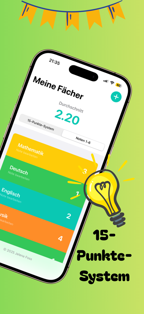 색상으로 구분된 성적과 평균 계산이 있는 학교 과목을 보여주는 모바일 앱 인터페이스