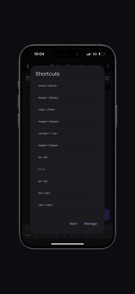 Un menú que muestra varios atajos de etiquetas HTML para codificación rápida en un dispositivo móvil.