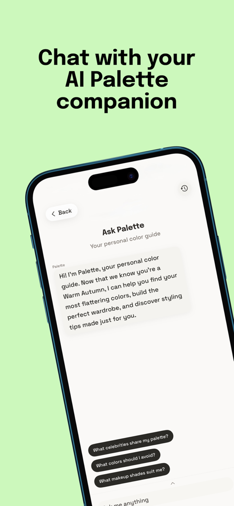 Palette - Color Analysis - Interfaz de chat de IA en la aplicación Palette que proporciona asesoramiento personalizado sobre la estación de color y el estilo