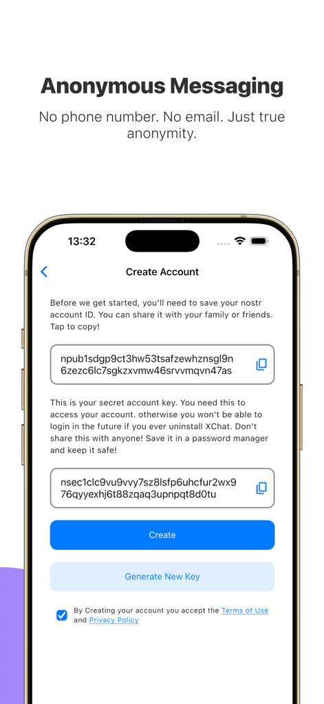 Tela do aplicativo XChat mostrando a criação de conta anônima com chaves criptográficas Nostr em vez de um número de telefone ou e-mail.