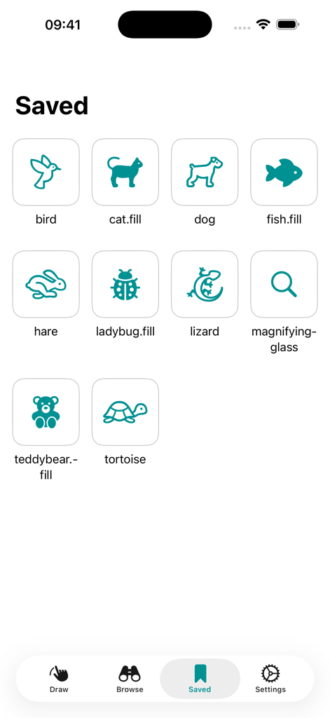 SF Search - SF Searchアプリの保存済みシンボル画面。鳥、猫、犬などの動物アイコンを含む、保存されたSFシンボルのリストが表示されています。