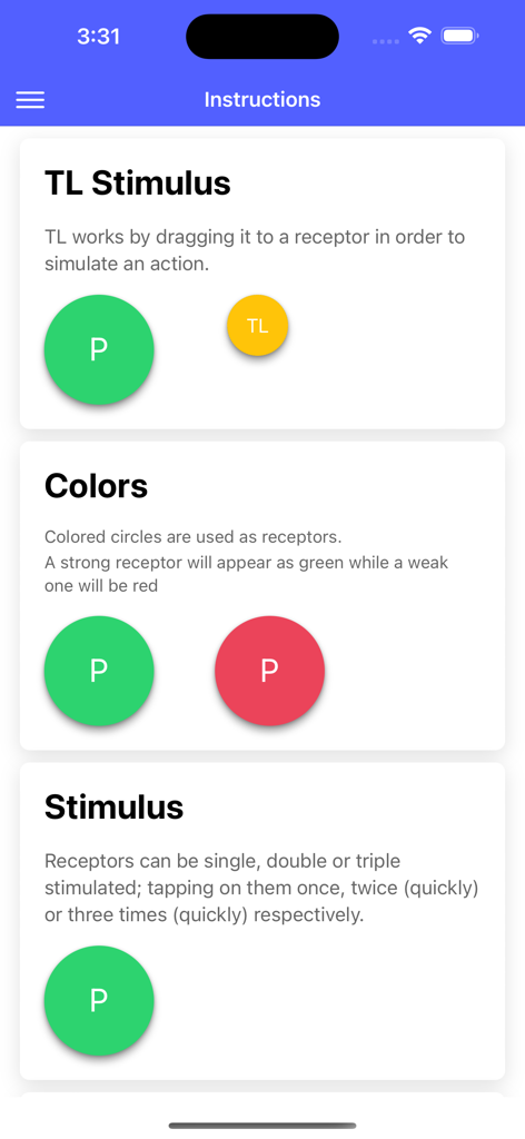 Graphic P-DTR - Instructions for receptor stimulus and color codes in Graphic P-DTR app