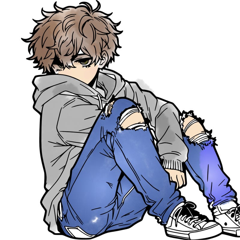 a male hoddie ripped jeans messy hair anime