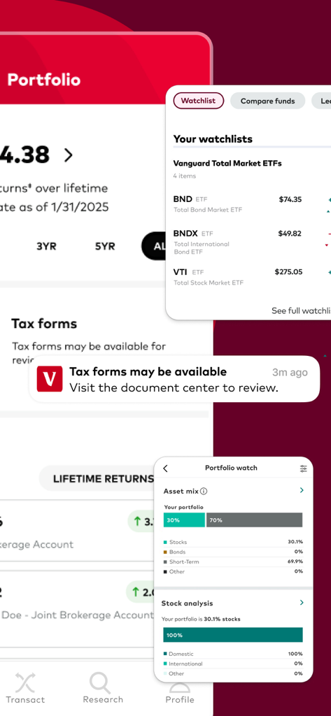 Vanguard: Save, Invest, Retire - Vanguard app screenshots showing portfolio balance asset mix and watchlist