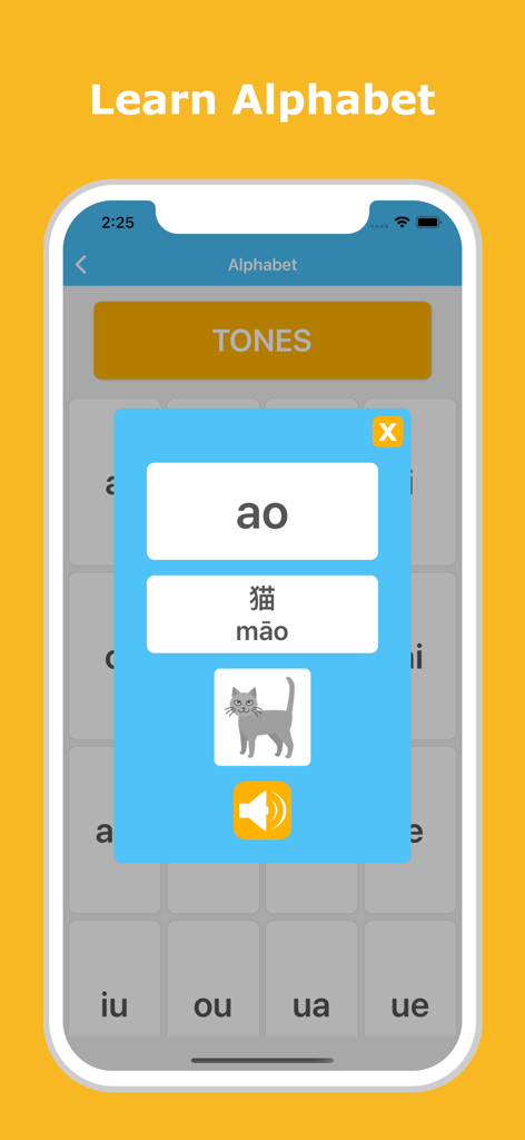 Learn Chinese - LuvLingua - LuvLingua app screen showing Chinese alphabet and Pinyin pronunciation with visual and audio aids
