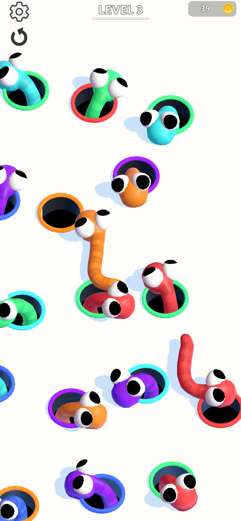 Hole Worm - Cute colored worms matching with their respective colored holes in the Hole Worm puzzle game