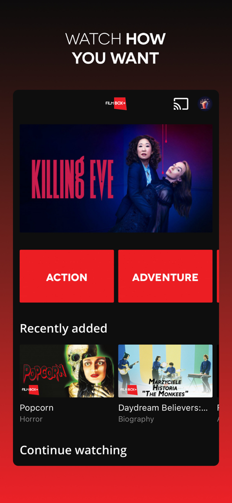 FilmBox+ - FilmBox plus mobile app home screen showing Killing Eve series and movie genres