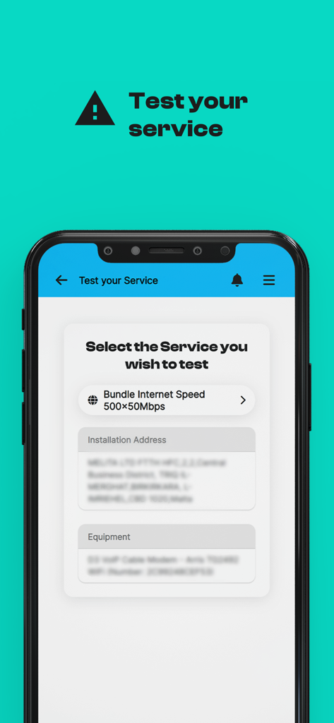 インターネット速度と機器のサービス診断テスト画面が表示されたMyMelitaモバイルアプリのインターフェイス