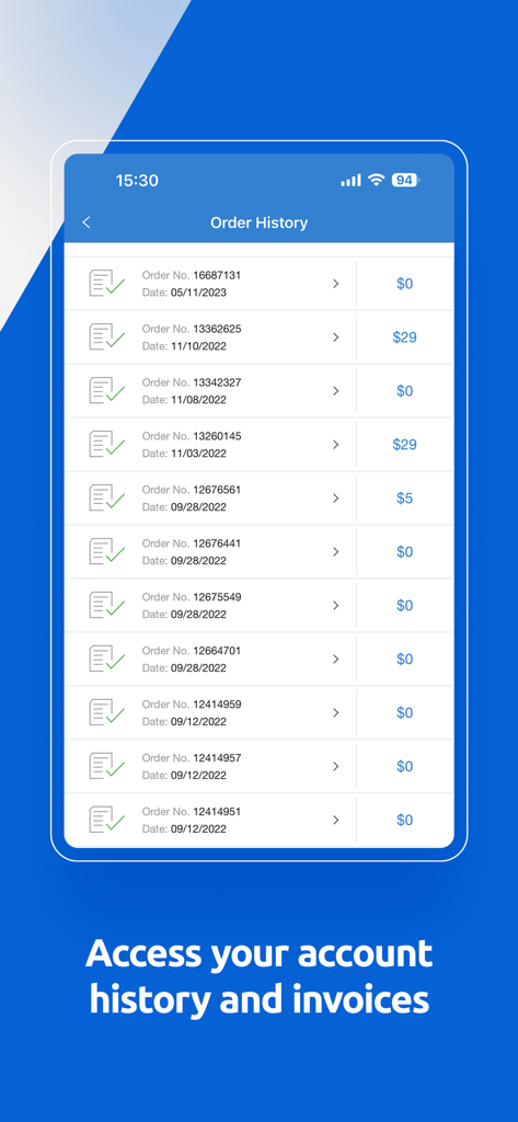 La pantalla del historial de pedidos de la aplicación My Tello que muestra una lista de transacciones y facturas pasadas