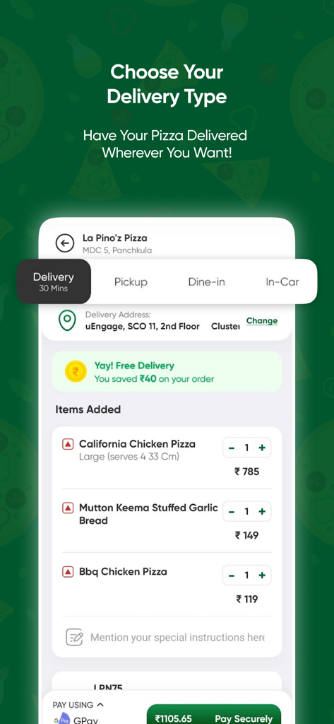 La Pino'z - Order Pizza Online - Écran de l'application La Pinoz montrant les options de livraison, y compris le retrait et la consommation sur place, avec des articles de pizza dans le panier