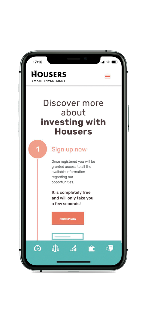 Smartphone screen showing the sign-up step for the Housers real estate investment app.