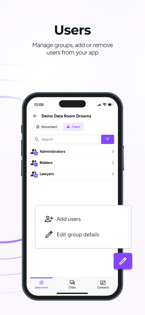 Drooms - Écran de gestion des utilisateurs dans l'application Drooms montrant des groupes d'acheteurs administrateurs et d'avocats.