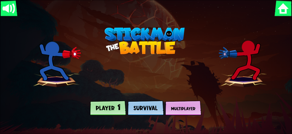 Stickman Stick Fighting Battle - Menú principal del juego Stickman Stick Fighting Battle con selección de personajes y modos de juego