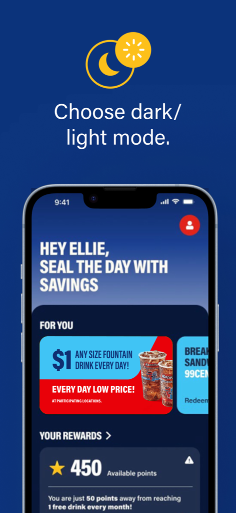 Dashboard dell'app RaceTrac in modalità oscura che mostra punti premio e offerte speciali.