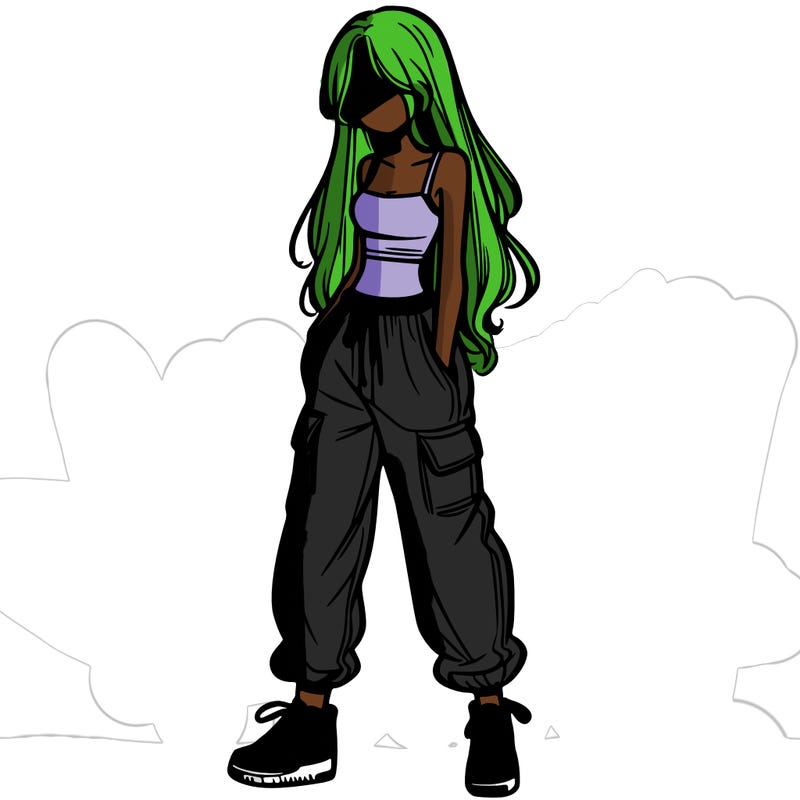 girl in baggy pants crop top and long hair