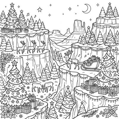 Explore a stunning Christmas scene set in majestic plateau valleys, filled with decorated trees, reindeer, and gifts. This intricate coloring page offers a festive and engaging experience for colorists of all ages.