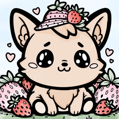cute korgi with strawberry hat and strawberries around the korgi