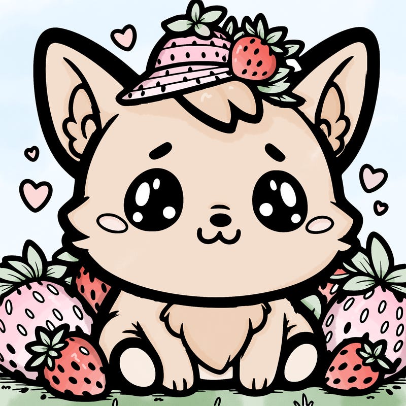cute korgi with strawberry hat and strawberries around the korgi